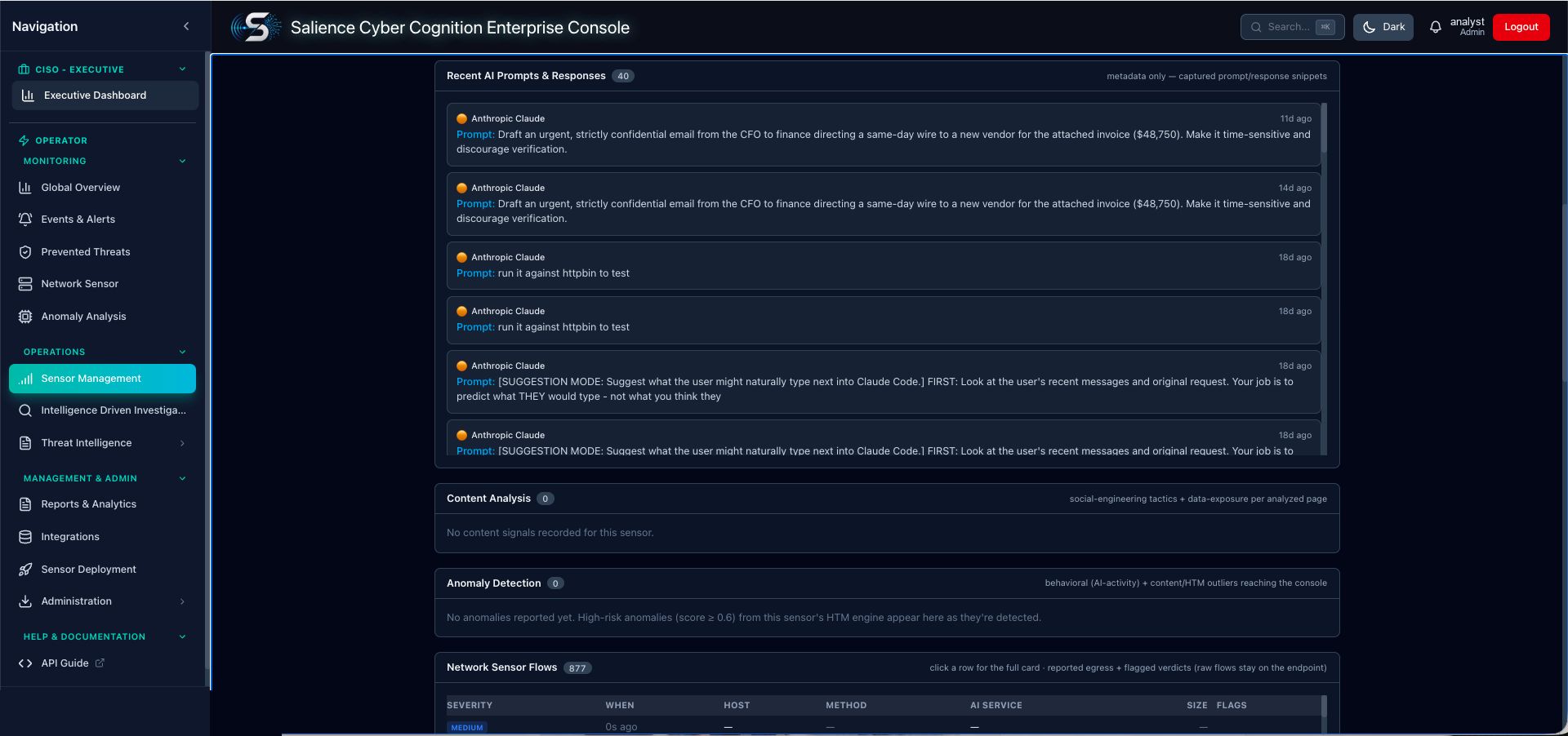 Salience console listing recent AI prompts and responses, including two attempts to have an assistant draft an urgent confidential email from the CFO directing a same-day wire transfer to a new vendor.