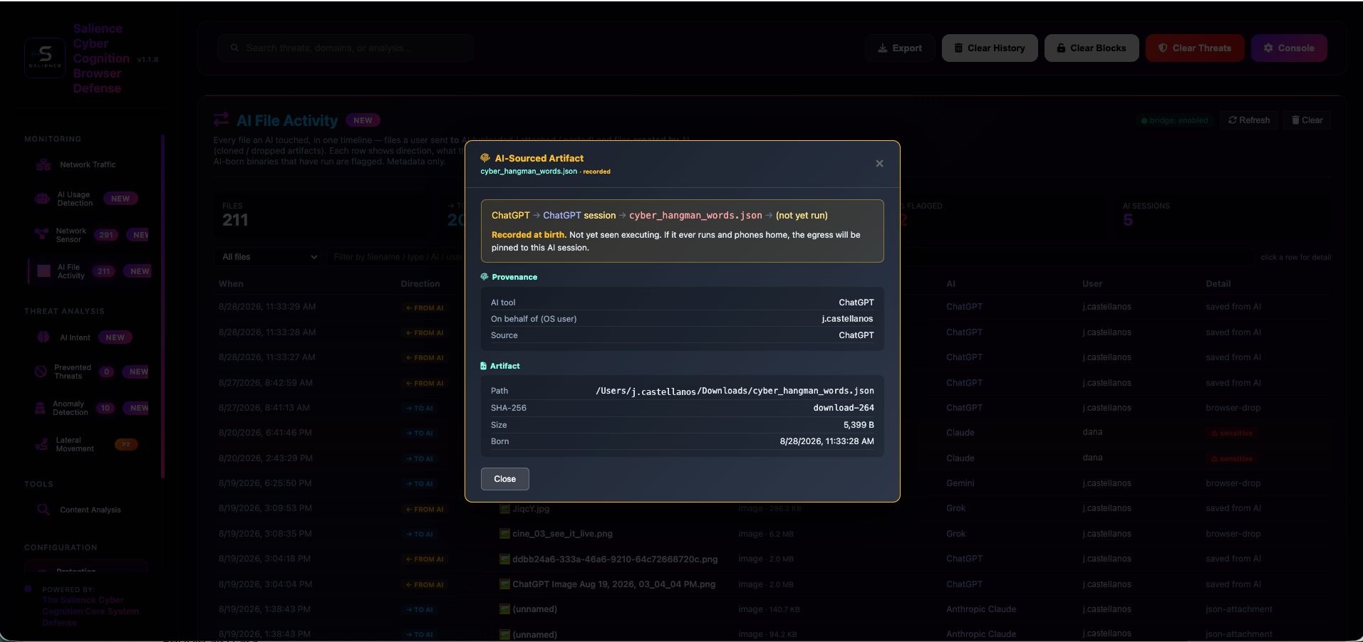 AI-sourced artifact panel showing the provenance chain from ChatGPT through the session to the file it created, with path, hash, size and birth timestamp.