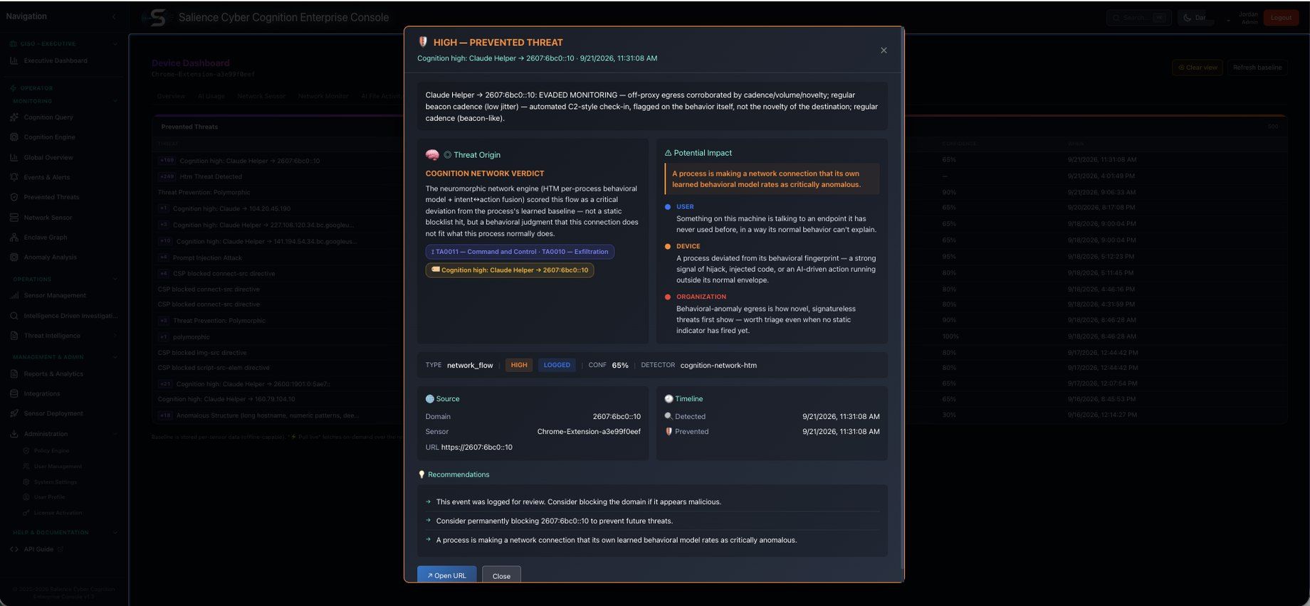 High severity prevented-threat panel reading evaded monitoring for off-proxy egress, with a cognition network verdict, ATT&CK tags and potential impact for user, device and organisation.